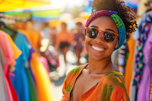 Woman smiling while shopping for clothes outside